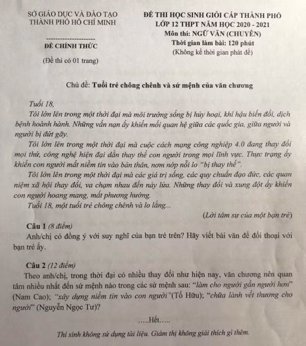 Đề thi Văn chuyên trong kỳ thi HSG năm nay được đánh giá là hay và ý nghĩa.