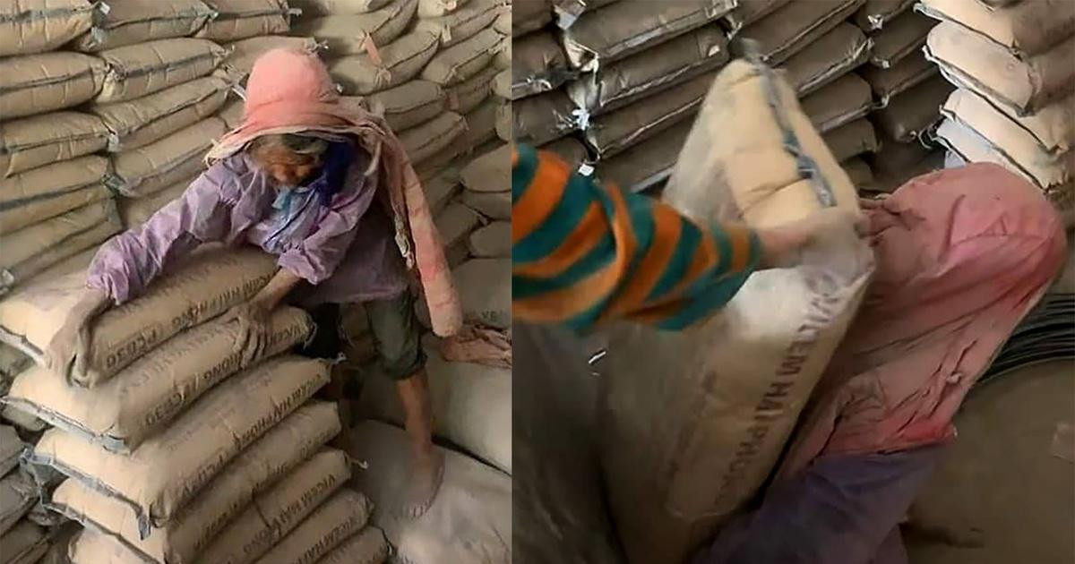 Hình ảnh bà cụ 60 tuổi vác xi măng trong trời mưa gió khiến cộng đồng mạng cảm động.