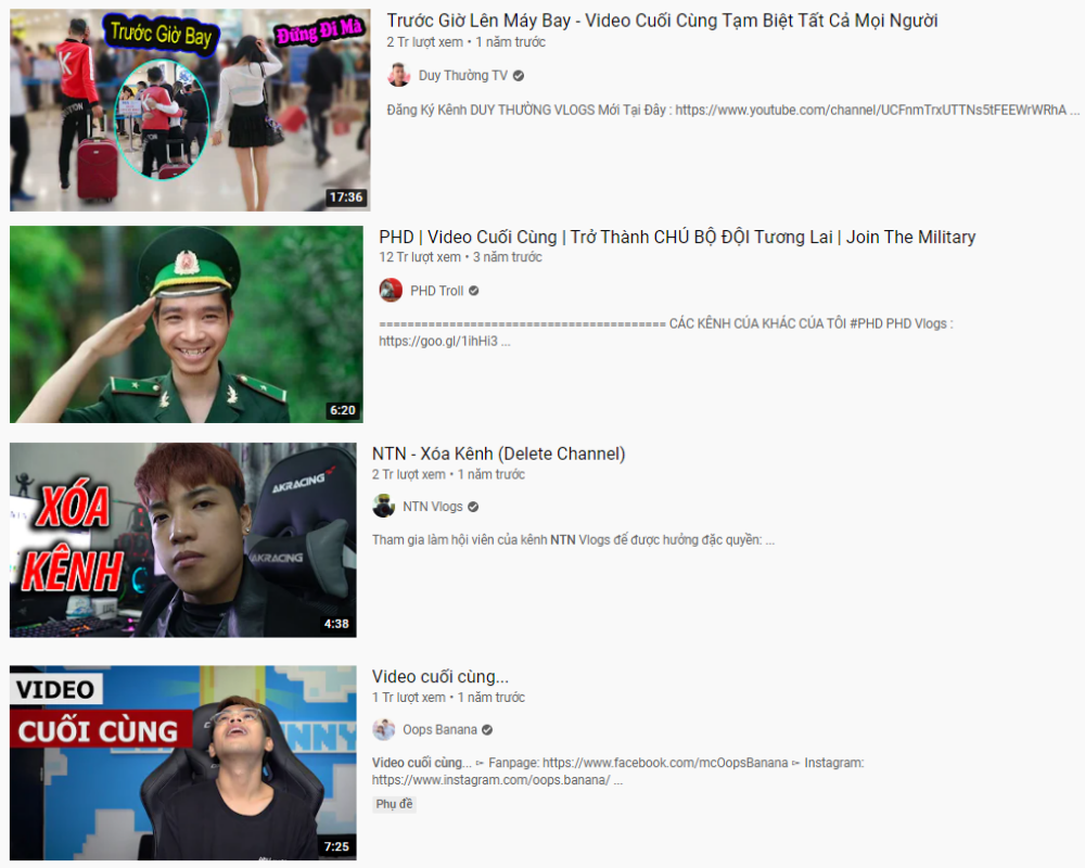 Các "video cuối cùng" của hội YouTuber.