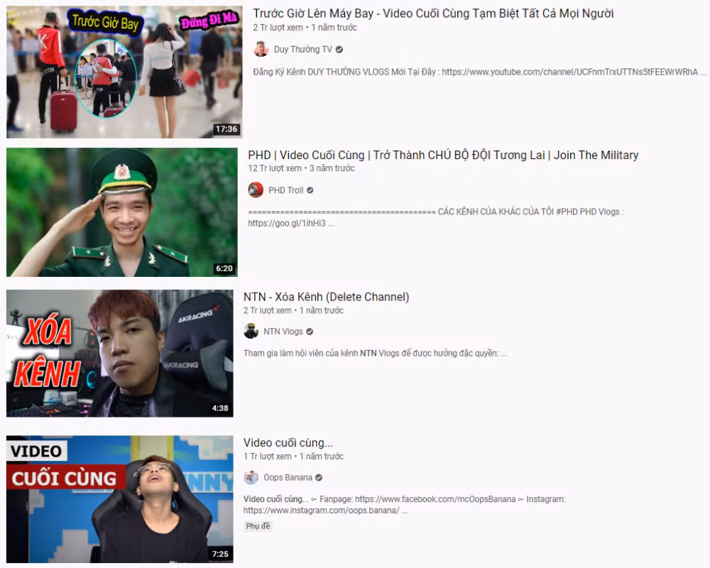 Các "video cuối cùng" của hội YouTuber.