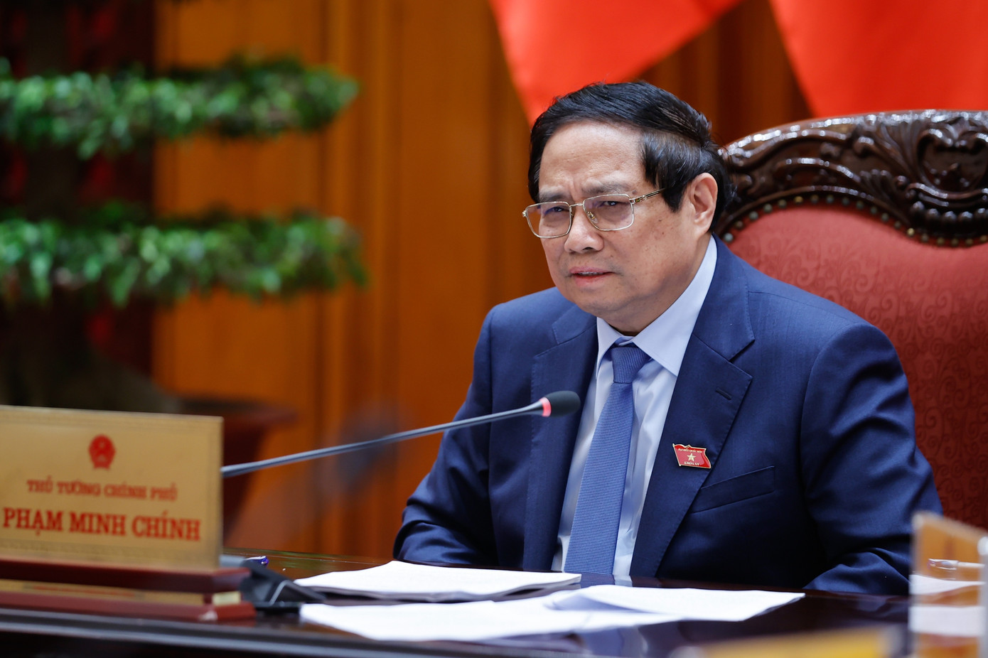 Thủ tướng Phạm Minh Chính chủ trì và phát biểu tại cuộc họp. (Ảnh: VGP) Thủ tướng Phạm Minh Chính chủ trì và phát biểu tại cuộc họp. (Ảnh: VGP)