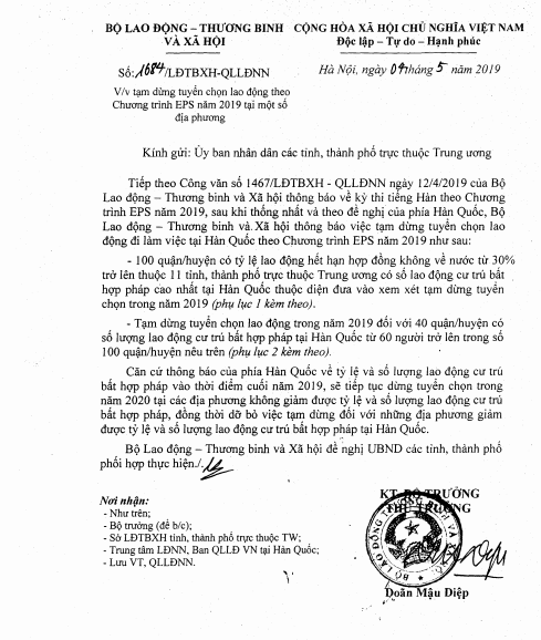 40 quận/huyện bị ngừng xuất khẩu lao động tại Hàn Quốc năm 2019 ảnh 1