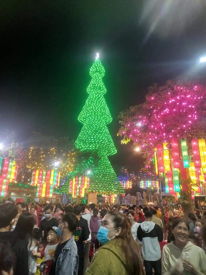 Nhiều người đến chiêm ngưỡng cây thông được làm từ những chiếc nón lá Nhiều người đến chiêm ngưỡng cây thông được làm từ những chiếc nón lá