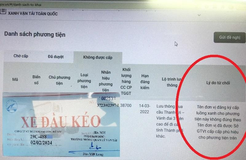 Xe BKS 29C-488xx và đơn vị vận tải chủ quản do Sở GTVT Hà Nội cấp phép/phù hiệu hoạt động nhưng khi đăng ký thẻ "luồng xanh" đơn vị chủ quản lại bị từ chối với lý do tên đơn vị đăng ý cấp luồng xanh không đúng theo tên đã được Sở GTVT Hà Nội cấp phép. Xe BKS 29C-488xx và đơn vị vận tải chủ quản do Sở GTVT Hà Nội cấp phép/phù hiệu hoạt động nhưng khi đăng ký thẻ "luồng xanh" đơn vị chủ quản lại bị từ chối với lý do tên đơn vị đăng ý cấp luồng xanh không đúng theo tên đã được Sở GTVT Hà Nội cấp phép.
