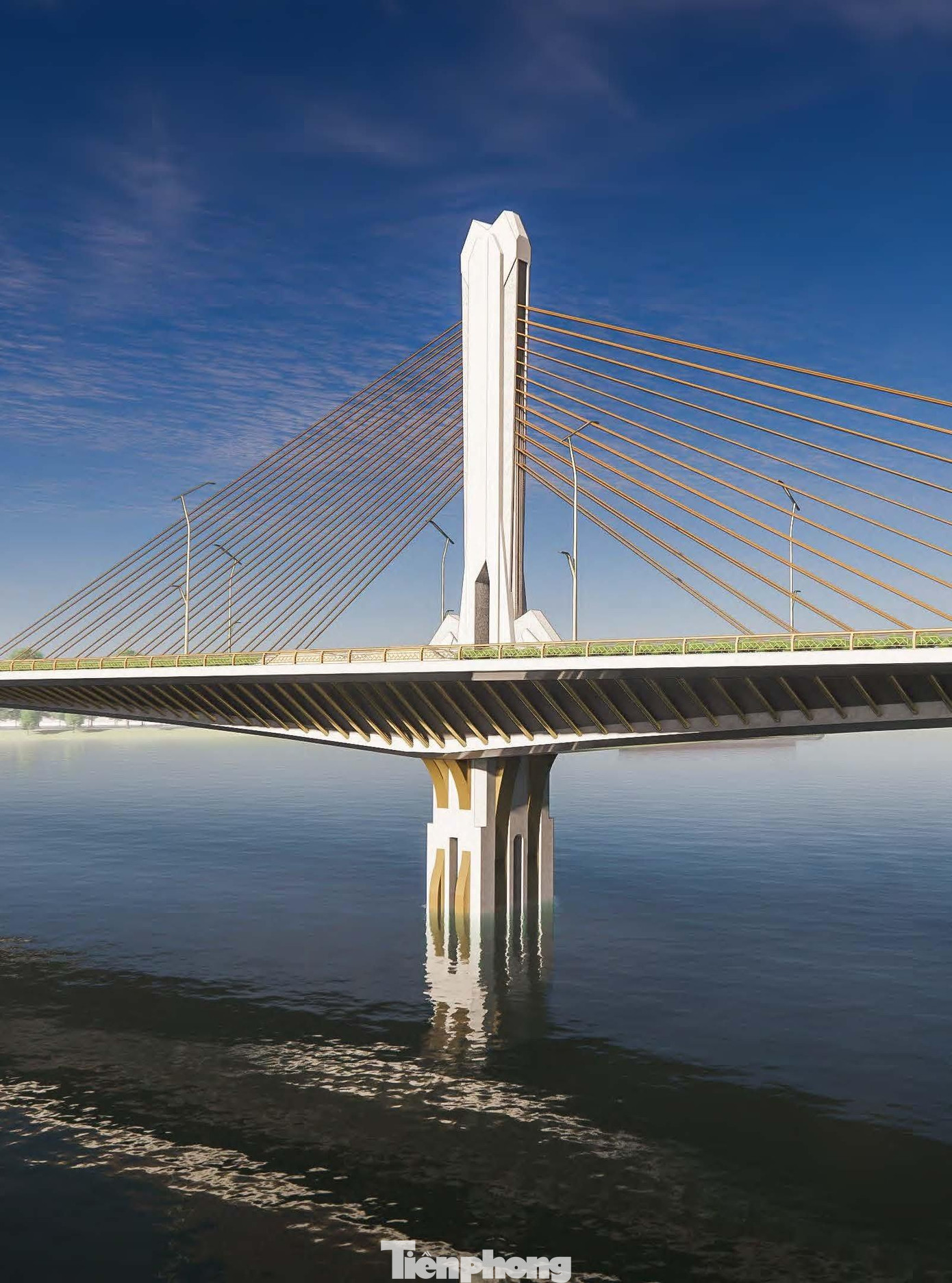 Tháp trụ trung tâm của cầu: Được thiết kế kiểu dáng đăng đối, nghiêm cẩn - tượng trưng cho hình ảnh vị Quốc Công Tiết Chế chỉ huy toàn quân thời xưa. Tháp trụ trung tâm của cầu: Được thiết kế kiểu dáng đăng đối, nghiêm cẩn - tượng trưng cho hình ảnh vị Quốc Công Tiết Chế chỉ huy toàn quân thời xưa.