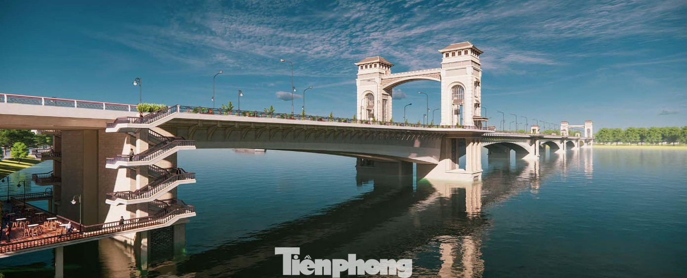 Hình dánh cầu mang phong cách thiết kế "Xứ Đông Dương". Cầu nổi bật với trụ tháp 2 bên. Phía trụ cầu giáp bờ phía nội thành còn được thiết kế một quán nghỉ bên dưới dầm cầu, có cầu thang lên xuống hai bên để phục vụ người dân và khách du lịch tản bộ khi lên cầu. Hình dánh cầu mang phong cách thiết kế "Xứ Đông Dương". Cầu nổi bật với trụ tháp 2 bên. Phía trụ cầu giáp bờ phía nội thành còn được thiết kế một quán nghỉ bên dưới dầm cầu, có cầu thang lên xuống hai bên để phục vụ người dân và khách du lịch tản bộ khi lên cầu.