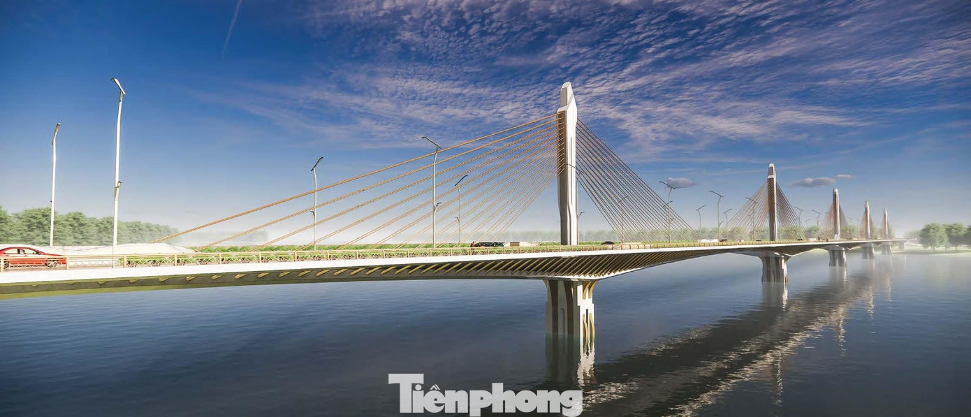 Toàn cảnh cầu theo phương án thiết kế trụ dây văng. Phối màu chủ đạo là trắng ánh vàng đồng. Trụ tháp có phương án ốp đá hoặc chất liệu có tính phản xạ tạo mỹ quan. Toàn cảnh cầu theo phương án thiết kế trụ dây văng. Phối màu chủ đạo là trắng ánh vàng đồng. Trụ tháp có phương án ốp đá hoặc chất liệu có tính phản xạ tạo mỹ quan.