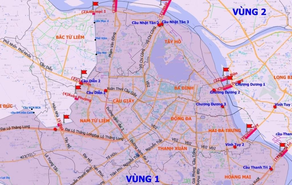 Bản đồ vùng đỏ (vùng 1) và các vùng tiếp giáp kèm chốt kiểm soát liên ngành (hình lá cờ) tại tạo cầu bắc qua sông. Ảnh: T.Đảng
