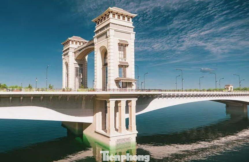 Cận cảnh trụ tháp cầu. Màu chủ đạo là be nhạt, trụ tháp được xây dựng bằng vật liệu đắp tạo kiểu. Các phần khắc chìm có phương án sơn màu nâu hoặc ốp đá cùng tông để tạo điểm nhấn. Cận cảnh trụ tháp cầu. Màu chủ đạo là be nhạt, trụ tháp được xây dựng bằng vật liệu đắp tạo kiểu. Các phần khắc chìm có phương án sơn màu nâu hoặc ốp đá cùng tông để tạo điểm nhấn.