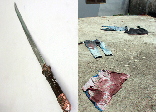 Hung khí Đoàn dùng đâm chết Phúc và hiện trường vụ huyết chiến. Ảnh: Chế bắc