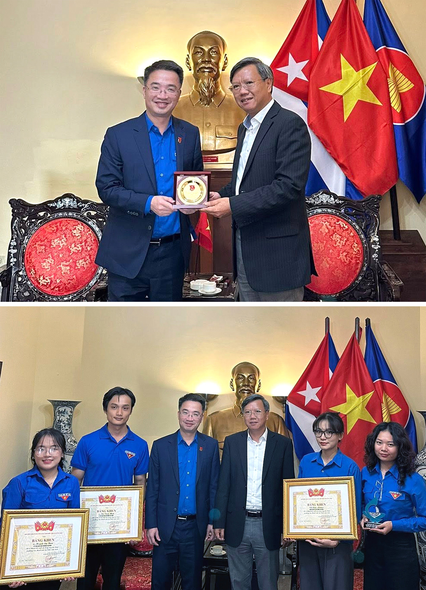 Bí thư T.Ư Đoàn Nguyễn Tường Lâm tặng quà lưu niệm Đại sứ Lê Quang Long ở buổi làm việc với Đại sứ quán Việt Nam tại Cuba; tặng bằng khen Ban Chấp hành T.Ư Đoàn tới cá nhân, tập thể Ban Cán sự Đoàn tại Cuba.