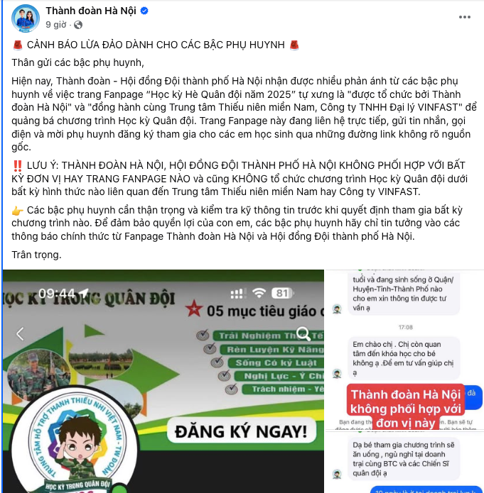 Thành Đoàn Hà Nội cảnh báo trên fanpage. Ảnh chụp màn hình Thành Đoàn Hà Nội cảnh báo trên fanpage. Ảnh chụp màn hình