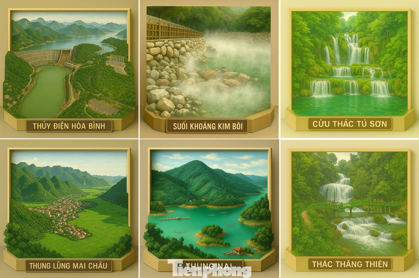 Cùng tạo hình 3D ứng dụng AI, Đoàn Thanh niên Hòa Bình mô phỏng, giới thiệu nhiều địa danh nổi bật của tỉnh, như: Thủy điện Hòa Bình, suối khoáng Kim Bôi, thung lũng Mai Châu, Thung Nai, Cửu thác Tú Sơn, Đèo Thung Khe... Bên cạnh đó, tạo hình 3D về một số sản phẩm đặc trưng trong văn hóa ẩm thực của xứ Mường Hòa Bình, như mâm cổ lá, chả cuốn lá bưởi, thịt chua, cá nướng sông Đà; đặc sản cam Cao Phong, chè sông Bôi, Lạc Thủy...