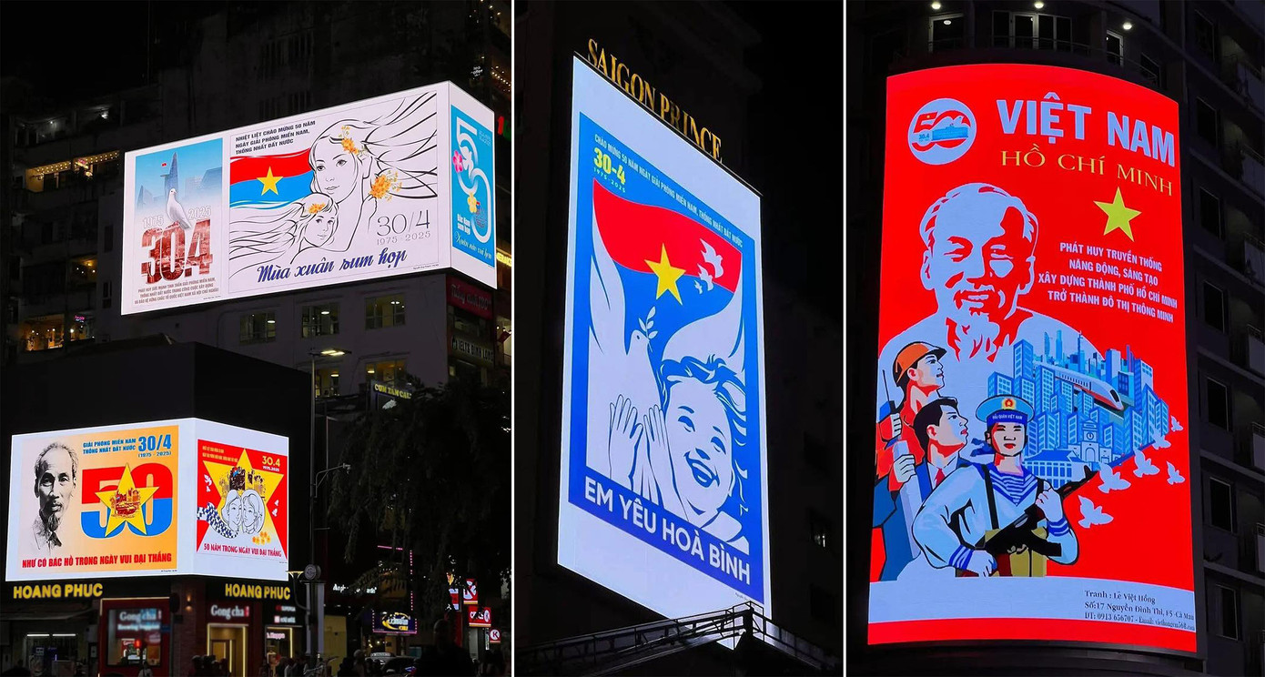 Hình ảnh chào mừng kỷ niệm 30/4 xuất hiện trên các nhà cao tầng được trang mạng xã hội Tỉnh Đoàn Hà Nam chia sẻ.