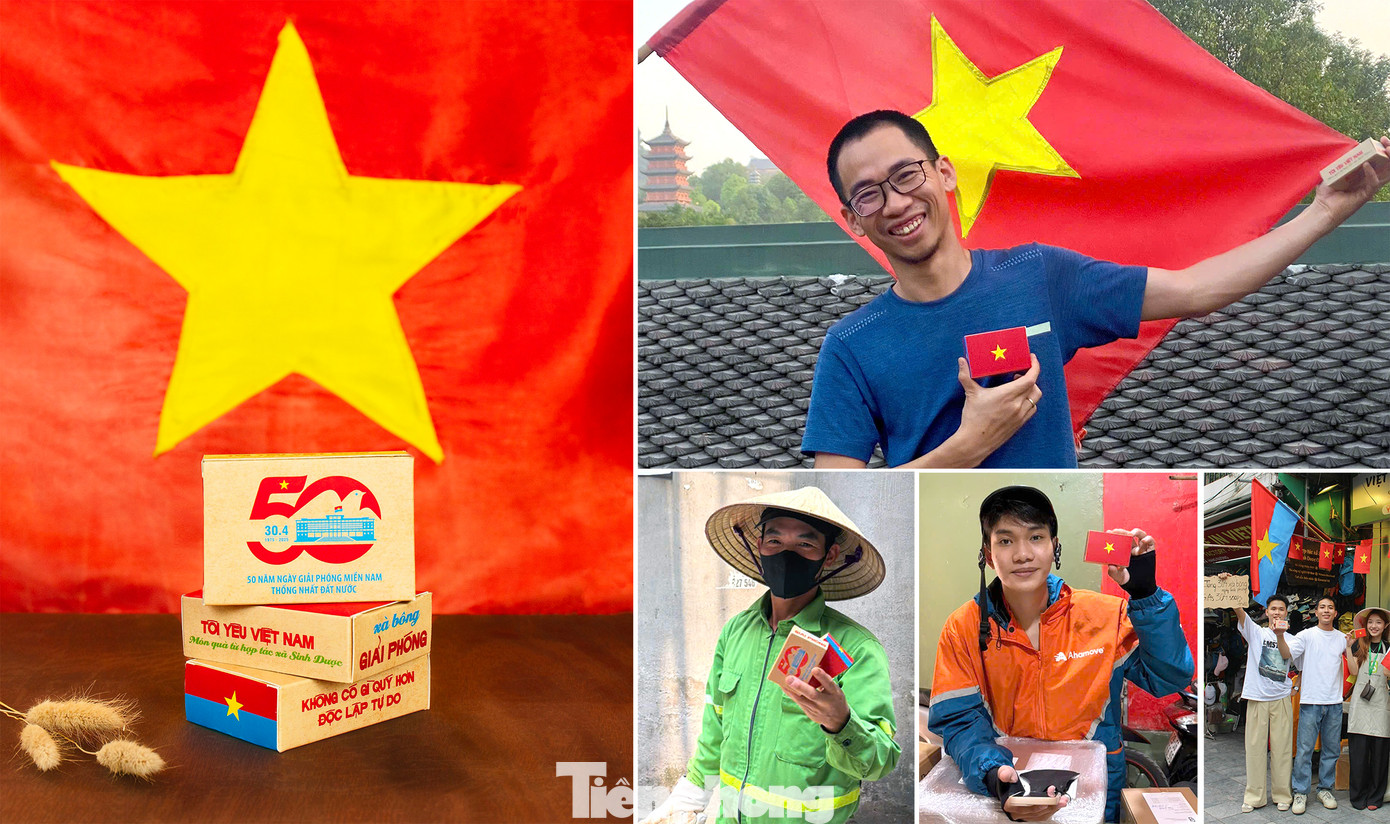 Anh Vũ Trung Đức (ảnh góc trên cùng bên phải) cùng cộng sự chào đón ngày 30/4 theo cách đặc biệt và trao tặng những món quà này đến người lao động. Nguồn ảnh: NVCC