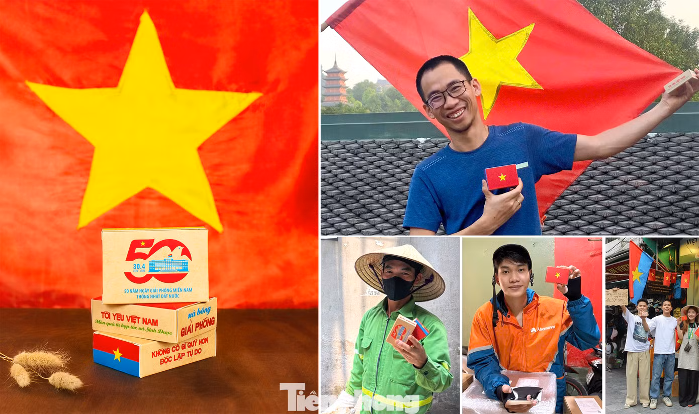 Anh Vũ Trung Đức (ảnh góc trên cùng bên phải) cùng cộng sự chào đón ngày 30/4 theo cách đặc biệt và trao tặng những món quà này đến người lao động. Nguồn ảnh: NVCC