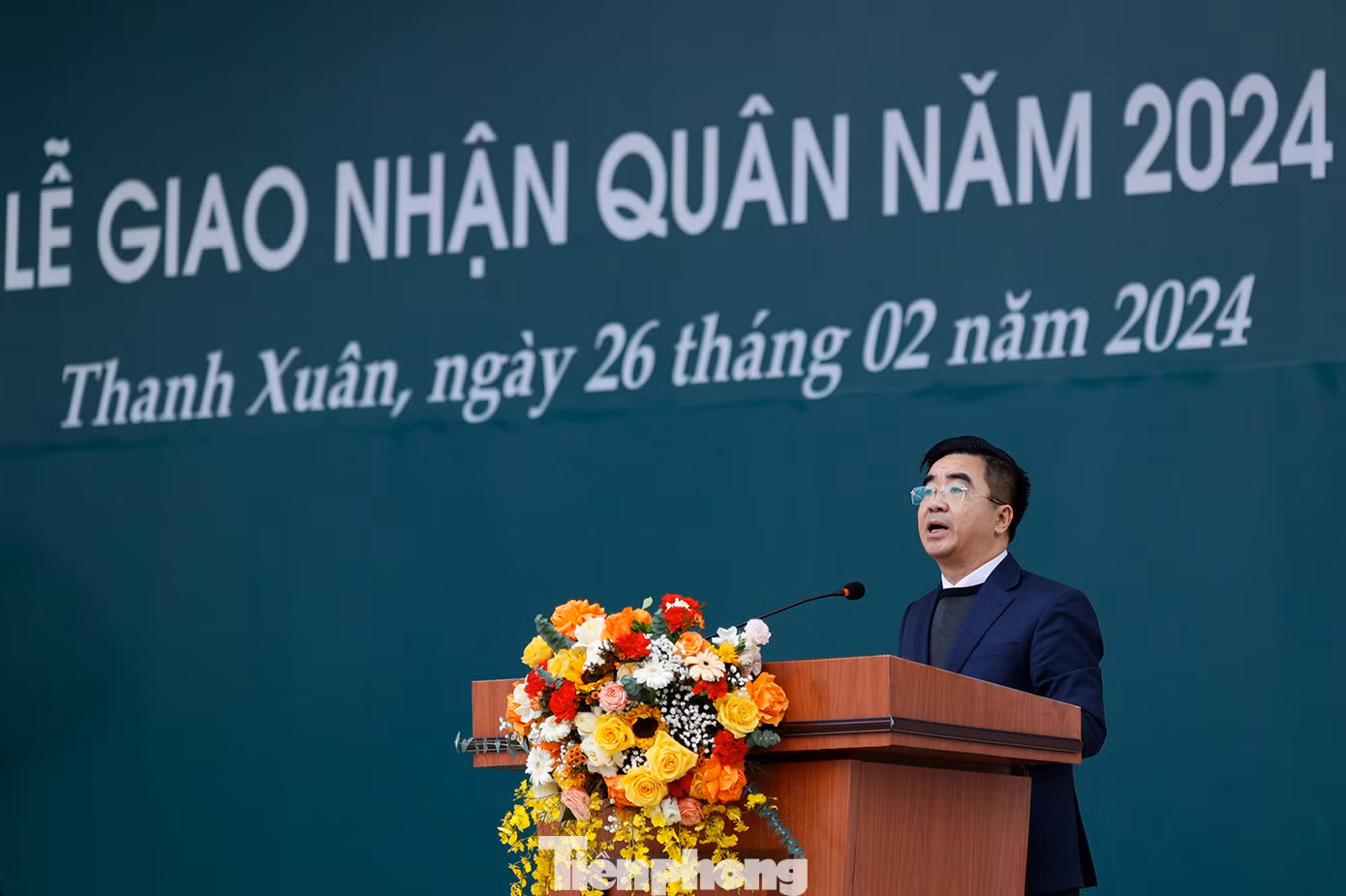 Chủ tịch UBND quận Thanh Xuân Võ Đăng Dũng phát biểu tại Lễ giao nhận quân 2024.