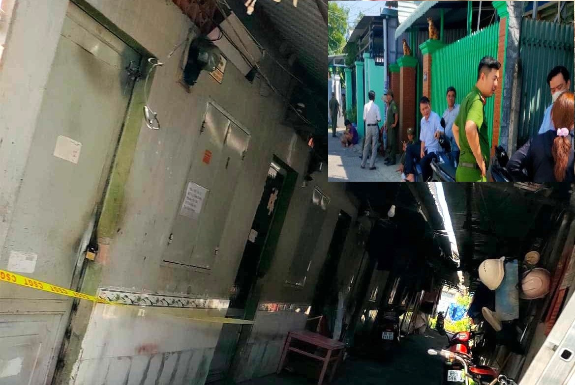 Căn phòng trọ được niêm phong tạm thời trước khi công an phá cửa vào kiểm tra bên trong