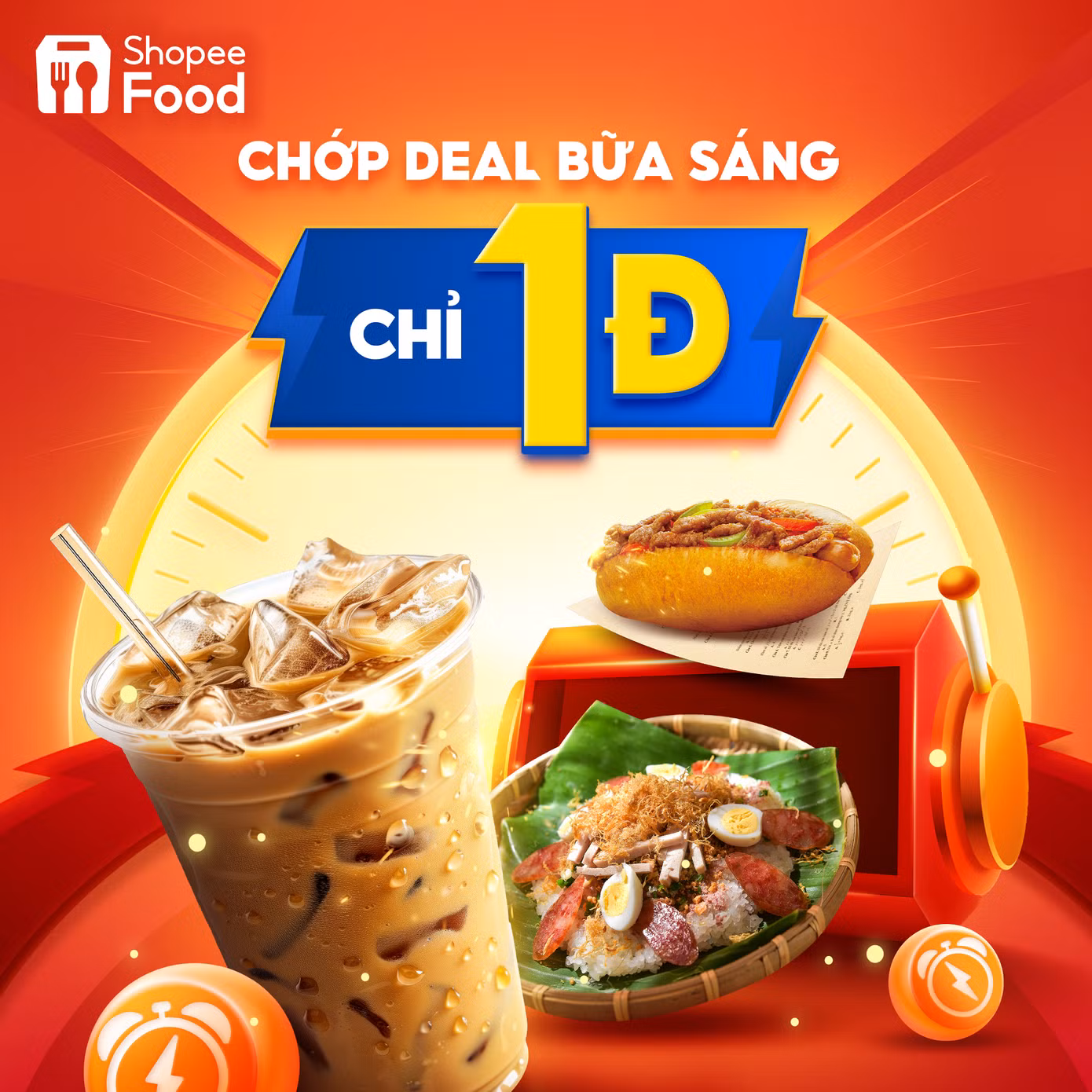 Truy cập ShopeeFood vào lúc 6H - 9H để nạp năng lượng cho bữa sáng với giá 1 đồng, duy nhất chỉ có tại Siêu Hội Flash Sale.