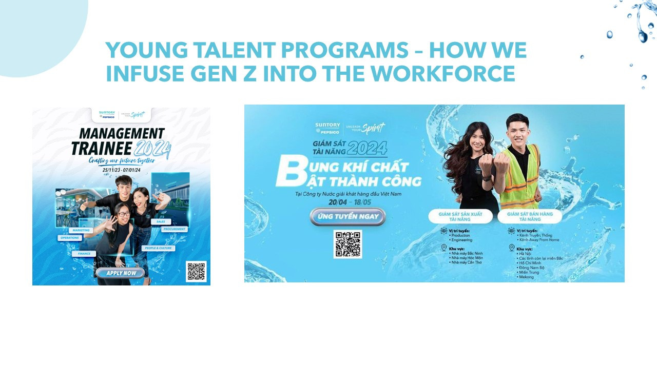 Các chương trình Tài năng trẻ tổ chức hàng năm, tuyển dụng lực lượng lao động GenZ, mang đến nguồn năng lượng tươi trẻ, sáng tạo cho tổ chức Các chương trình Tài năng trẻ tổ chức hàng năm, tuyển dụng lực lượng lao động GenZ, mang đến nguồn năng lượng tươi trẻ, sáng tạo cho tổ chức