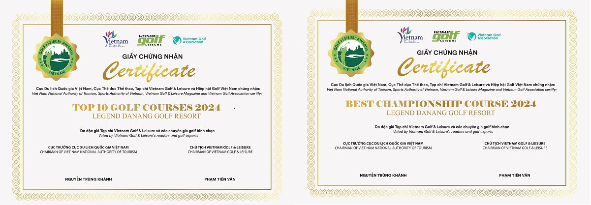 Giấy chứng nhận giải thưởng của sân gôn Legend Danang Golf Resort tại Vietnam Golf &amp; Leisure Awards 2024