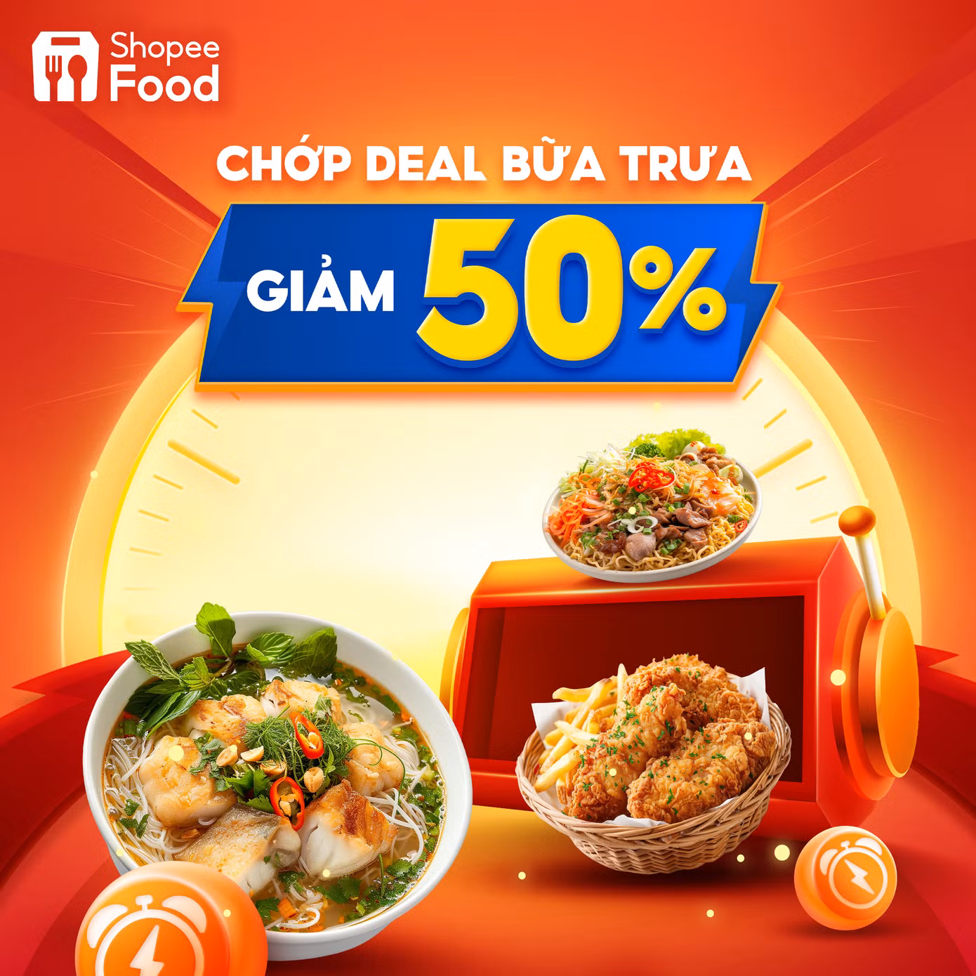 Buổi trưa no bụng mà không đau ví với ưu đãi giảm 50% cực hời, truy cập ShopeeFood khung 9H - 13H nào bạn ơi!