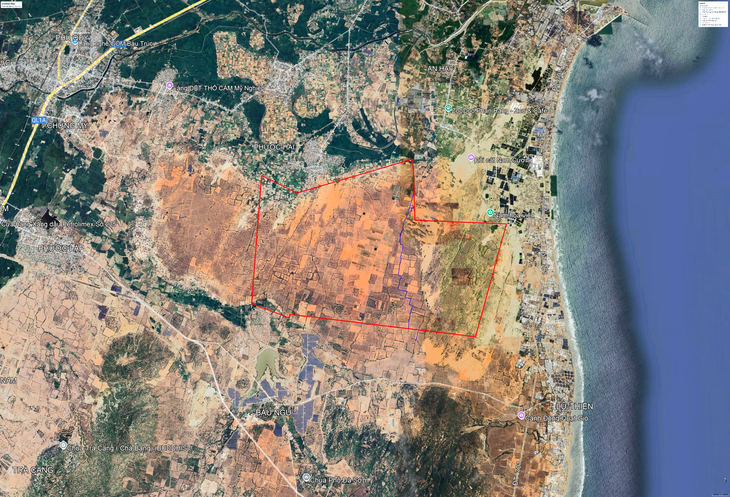 Khu vực khai thác, tuyển quặng sa khoáng titan - zircon (ô khoanh đỏ) do Công ty CP Khoáng sản Sài Gòn - Ninh Thuận làm chủ đầu tư.