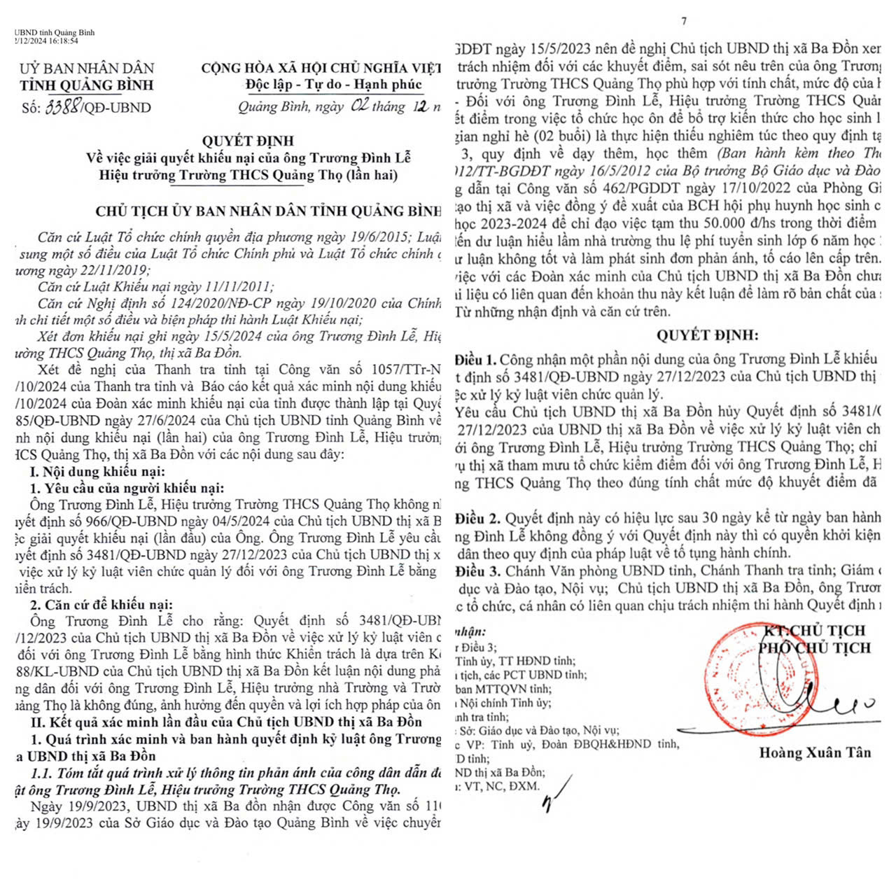 Một phần kết luận của Chủ tịch UBND tỉnh Quảng Bình liên quan đến sự việc.