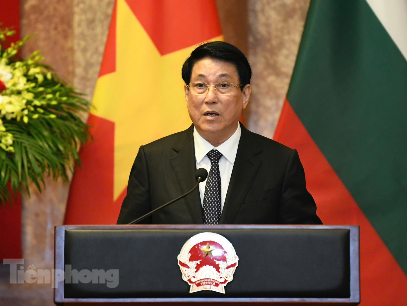 Chủ tịch nước Lương Cường tại cuộc họp báo chung với Tổng thống Bulgaria. (Ảnh: Như Ý)