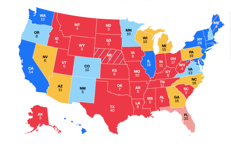 Các bang xanh là thành trì của đảng Dân chủ, bang đỏ ủng hộ đảng Cộng hoà, còn 7 bang dao động (màu vàng) sẽ quyết định kết quả cuộc bầu cử tổng thống Mỹ năm 2024. Các bang dao động gồm: Arizona, Georgia, Michigan, Nevada, North Carolina, Pennsylvania và Wisconsin Các bang xanh là thành trì của đảng Dân chủ, bang đỏ ủng hộ đảng Cộng hoà, còn 7 bang dao động (màu vàng) sẽ quyết định kết quả cuộc bầu cử tổng thống Mỹ năm 2024. Các bang dao động gồm: Arizona, Georgia, Michigan, Nevada, North Carolina, Pennsylvania và Wisconsin