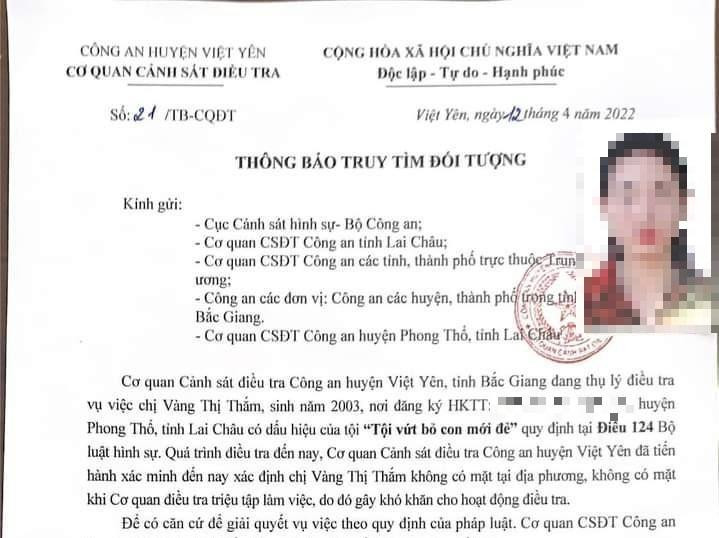Công an huyện Việt Yên (Bắc Giang) thông báo truy tìm người mẹ trẻ vứt bỏ con mới đẻ