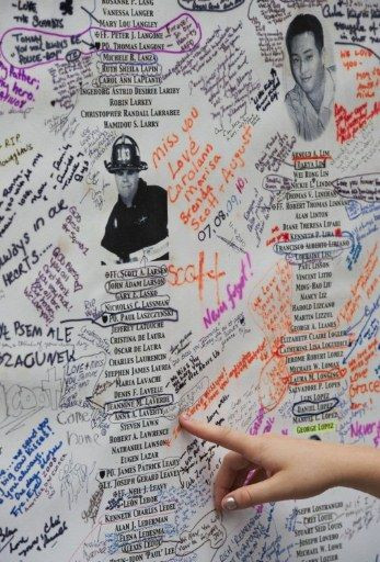 Những thông điệp tưởng nhớ các nạn nhân được viết trên một bức tường gần Trung tâm thương mại thế giới ở New York