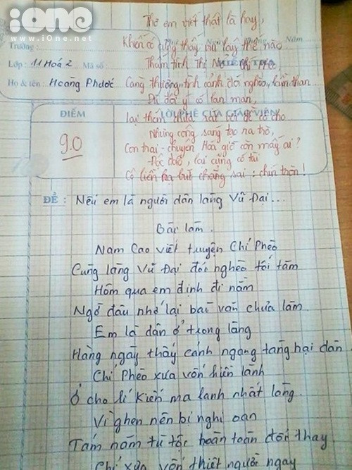 Bài thơ của Trần Thế Hoàng Phước. Ảnh chụp từ FB THPT chuyên Lê Quý Đôn, Vũng Tàu