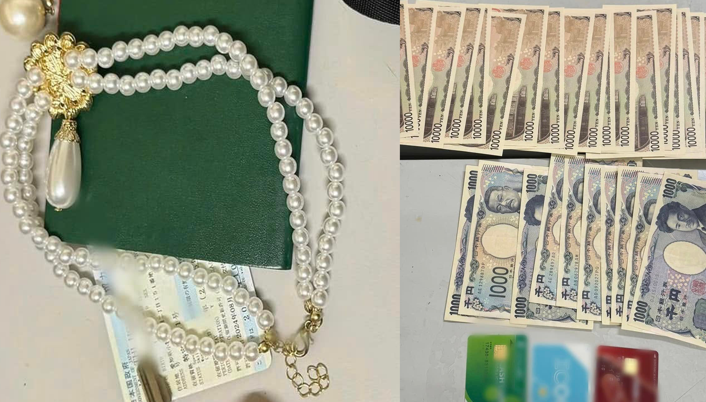 Hơn 215.000 yên Nhật và nữ trang bị bỏ quên tại sân bay Nội Bài. Ảnh: Phan Công.