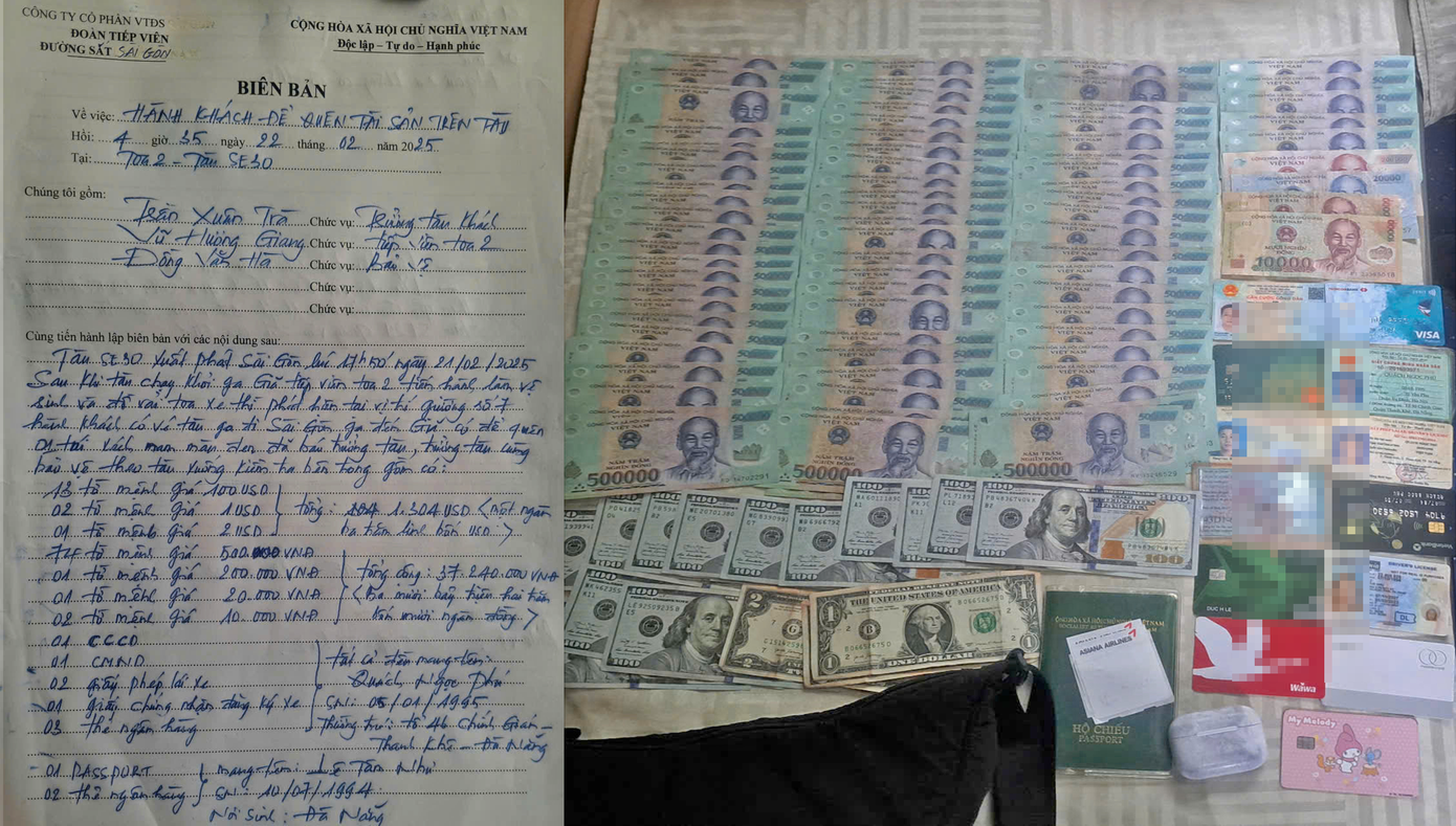 Chiếc túi xách chứa hàng nghìn USD, tiền mặt và tài sản bị bỏ quên trên tàu SE30 trong hành trình từ ga Sài Gòn đến ga Giã. Ảnh: VNR. Chiếc túi xách chứa hàng nghìn USD, tiền mặt và tài sản bị bỏ quên trên tàu SE30 trong hành trình từ ga Sài Gòn đến ga Giã. Ảnh: VNR.