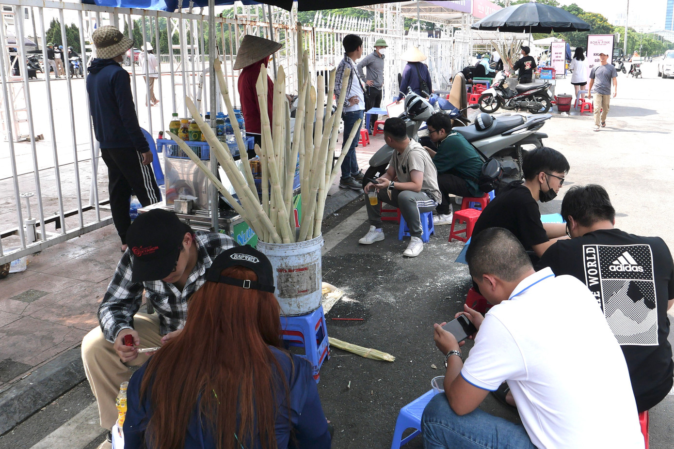 Các quầy nước mía đều phun chỗ, trung bình một buổi mỗi quầy bán được hàng trăm cốc nước mía, thu về hàng triệu đồng.