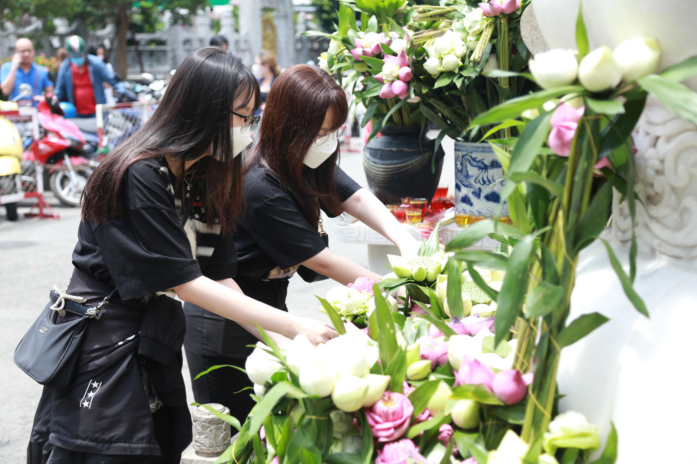 Dâng hoa sen cúng dường chư Phật trong dịp Vu lan thắng hội.