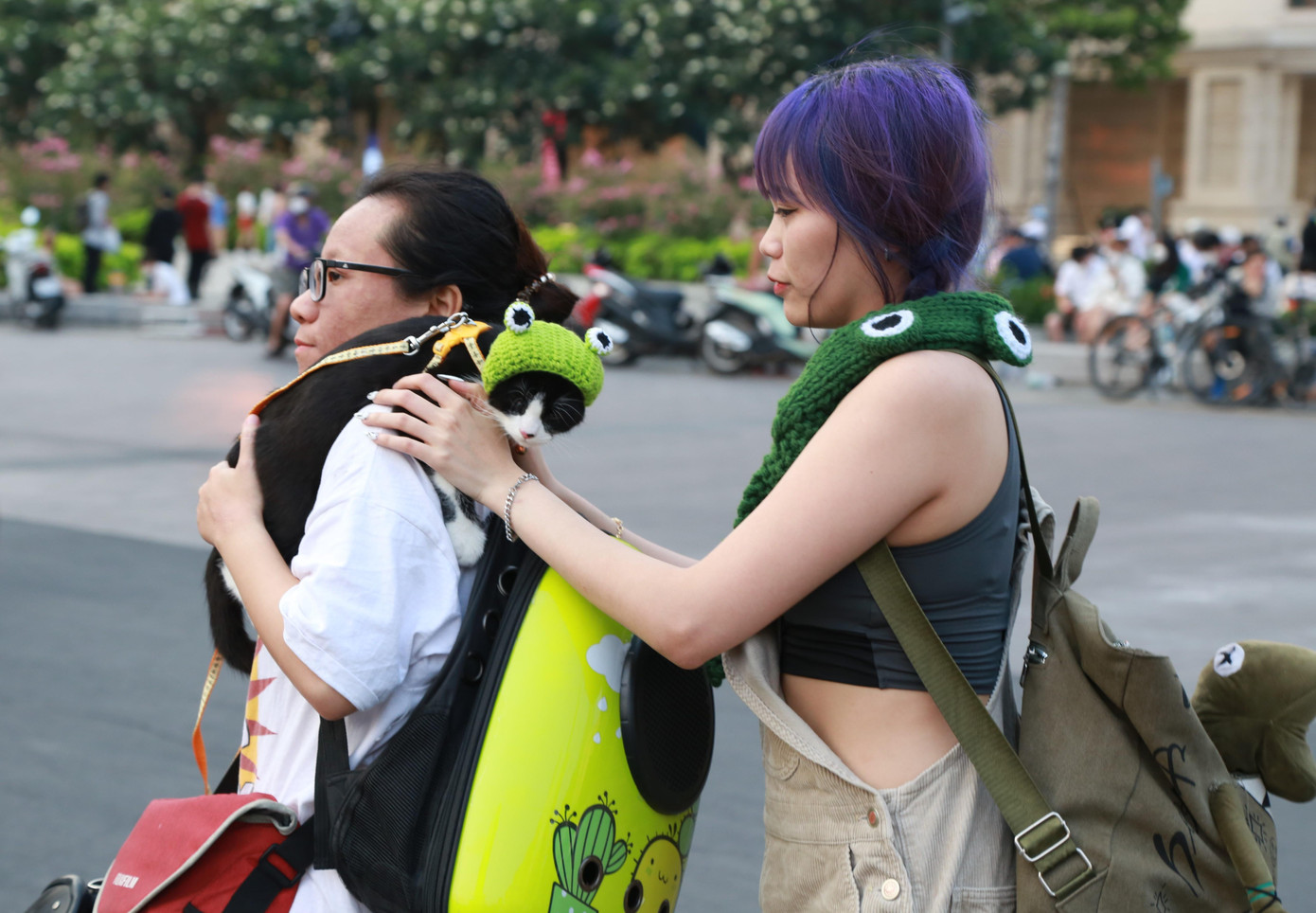 Đôi bạn đưa thú cưng ra phố đổi gió.