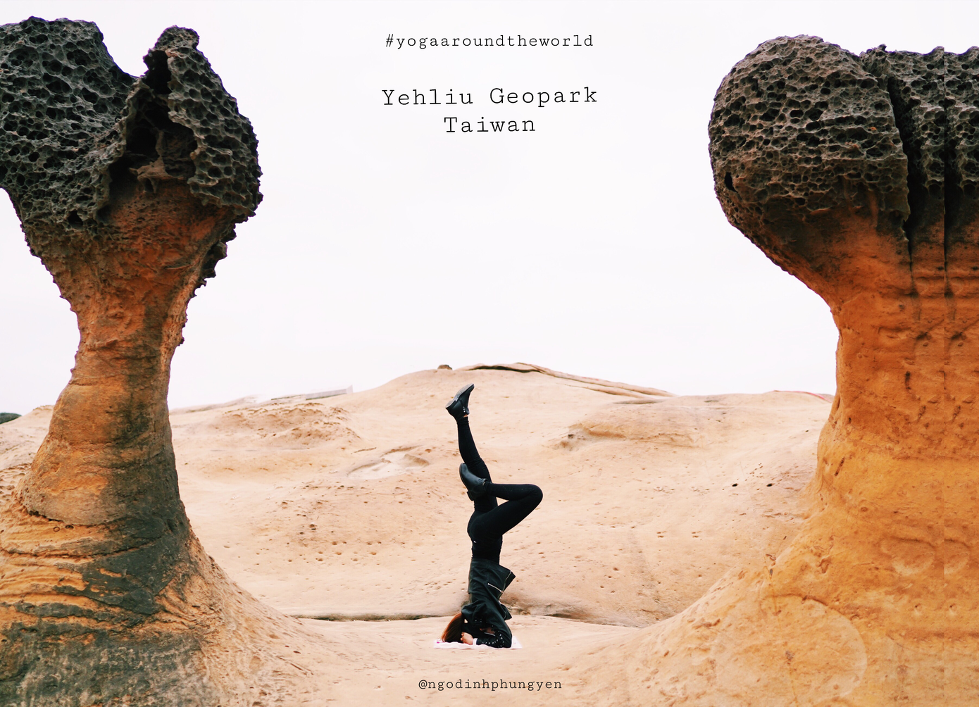 Động tác yoga đẹp mắt theo tư thế trồng chuối, tại Công viên địa chất Yehliu (Đài Loan).