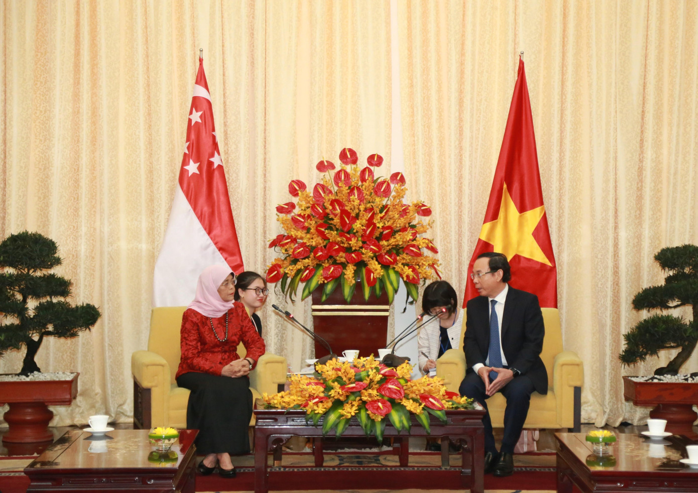 Bí thư Thành ủy TPHCM Nguyễn Văn Nên trao đổi với Tổng thống Singapore Halimah Yacob.