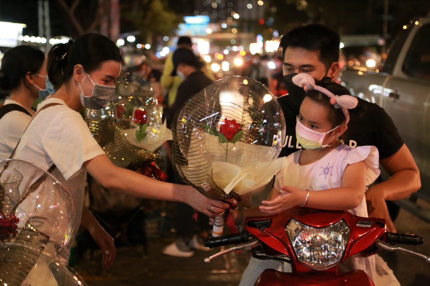 Đóa hồng được lồng trong một quả bóng trong suốt và giăng dây đèn led bên ngoài.