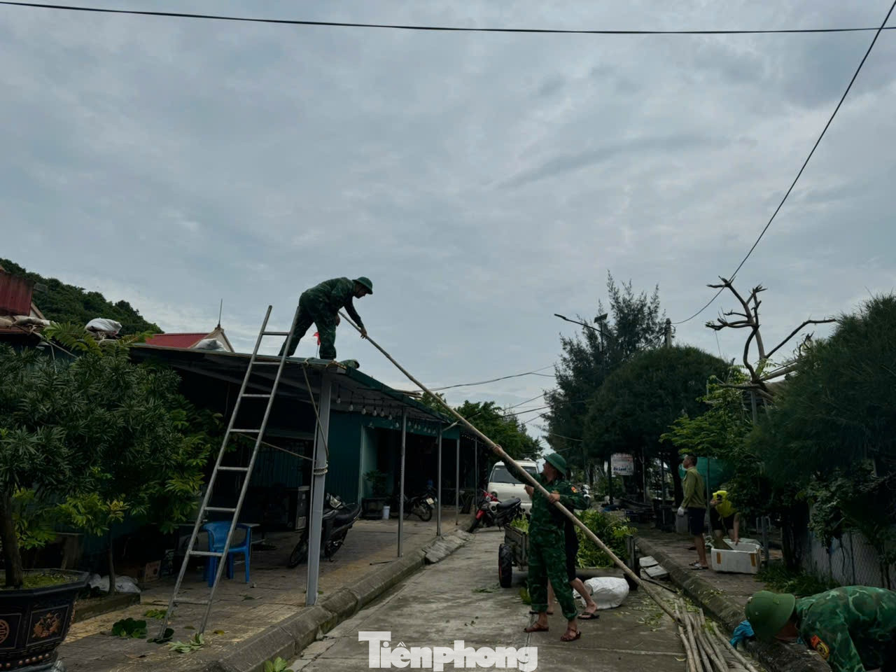Cán bộ đồn Biên phòng Đảo Trần giúp dân chằng chống nhà cửa. Cán bộ đồn Biên phòng Đảo Trần giúp dân chằng chống nhà cửa.