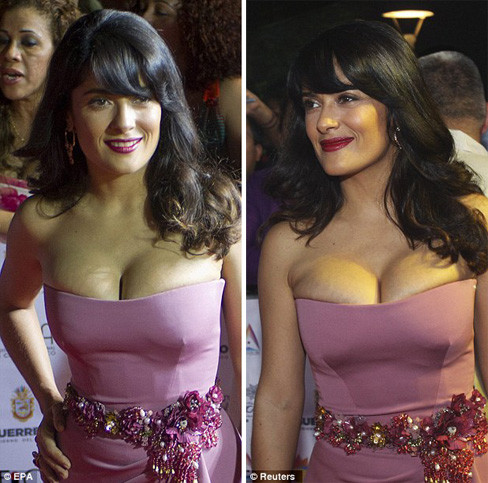 Chiếc váy của Salma dường như quá sức với vòng một trĩu nặng của cô, khiến cho các fans hâm mộ phải thót tim khi chứng kiến ngôi sao di chuyển trên thảm đỏ