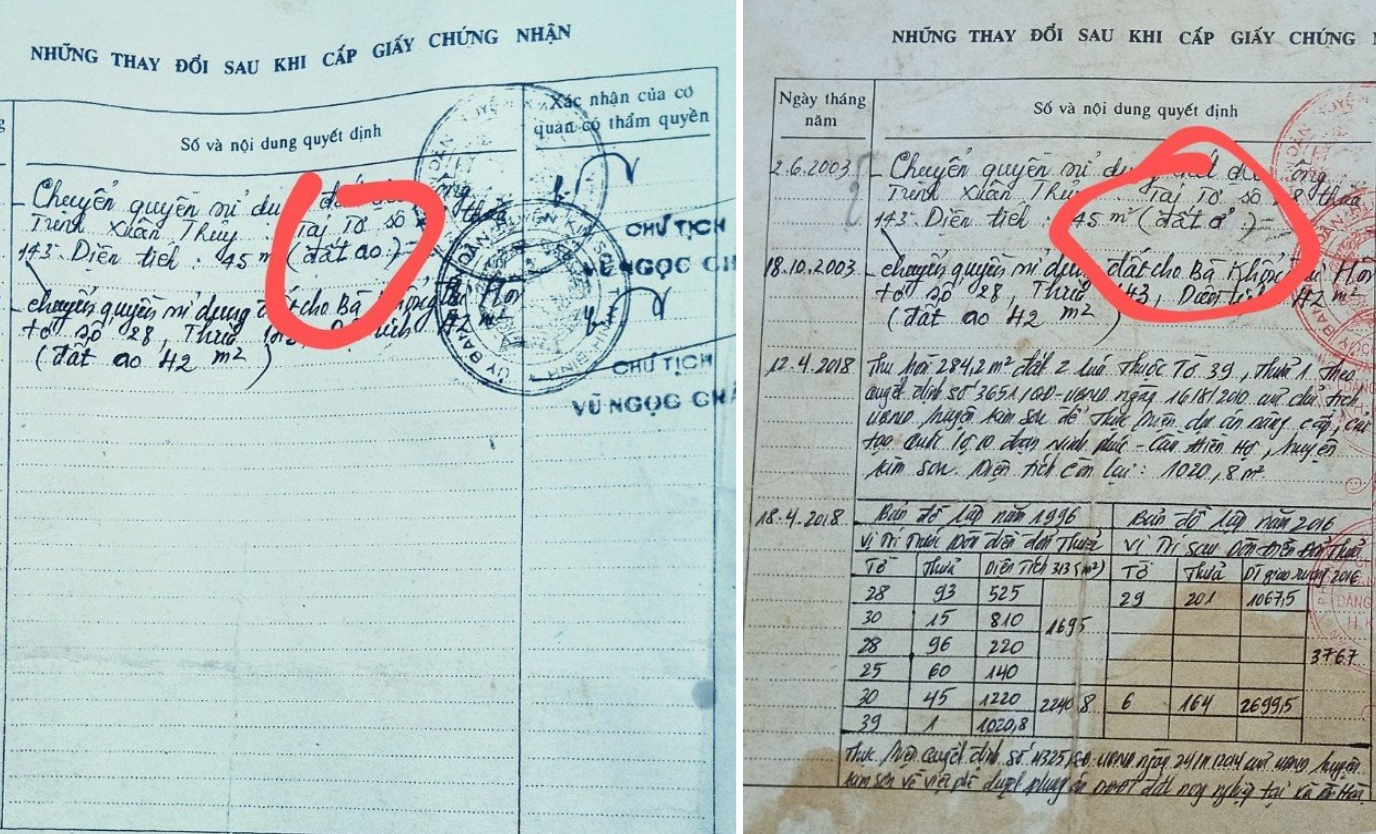 Bản phô tô công chứng GCNQSDĐ được gia đình lưu giữ (trái), chưa bị tẩy xoá, sửa chữa. Bản bên phải bị tẩy xoá, sửa chữa. Bản phô tô công chứng GCNQSDĐ được gia đình lưu giữ (trái), chưa bị tẩy xoá, sửa chữa. Bản bên phải bị tẩy xoá, sửa chữa.