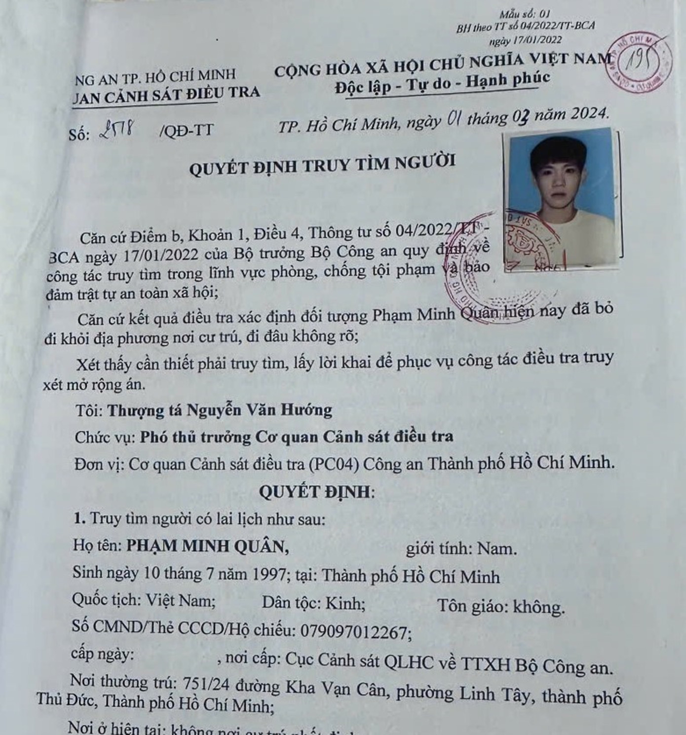 Quyết định truy tìm đối tượng của Công an TPHCM. Ảnh: BPTN Quyết định truy tìm đối tượng của Công an TPHCM. Ảnh: BPTN