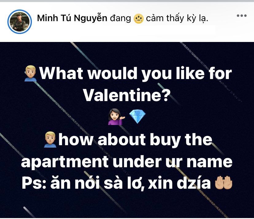 Mua kim cương xưa rồi, giờ quà Valentine người ta tặng nhà luôn kìa! Siêu mẫu Minh Túkhiến người hâm mộ thi nhau vào xin vía dưới phần bình luận.