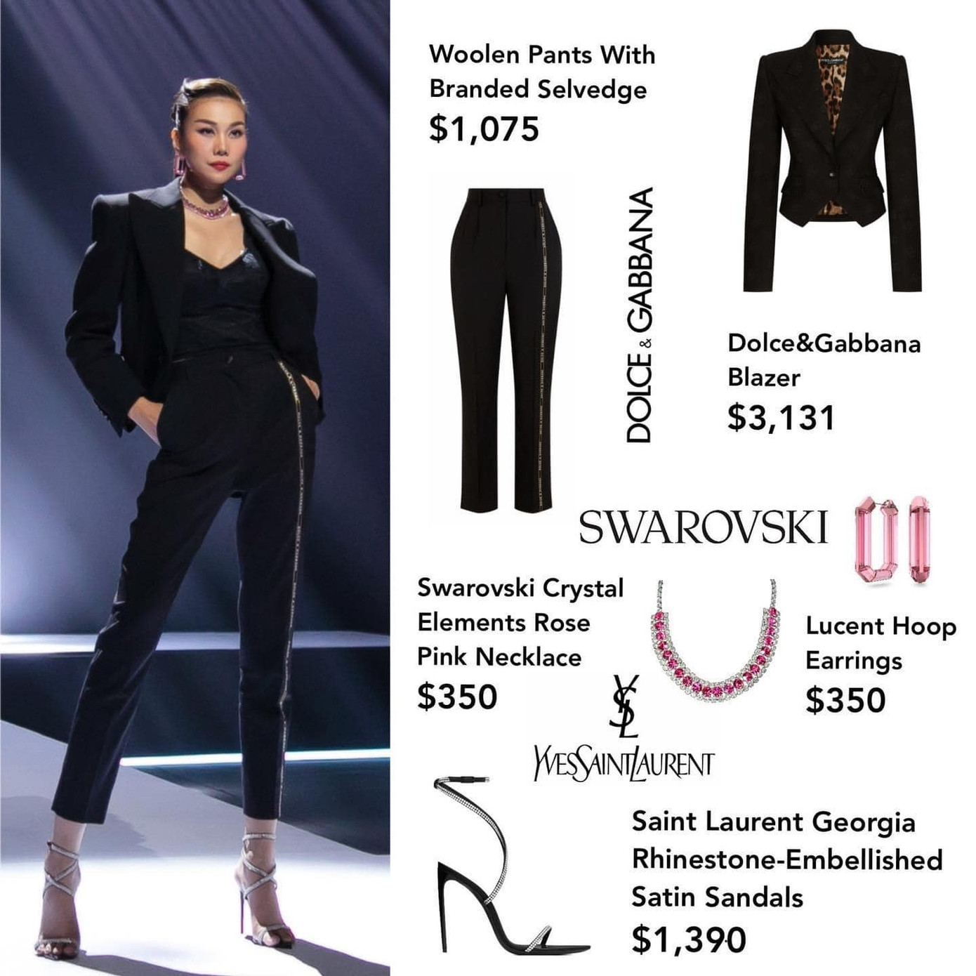 Thanh Hằng kết hợp áo blazer dáng menswear với trang sức và giày từ Dolce & Gabbana, YSL.. Tổng set đồ mà người đẹp mặc có giá khoảng 150 triệu đồng. Thanh Hằng kết hợp áo blazer dáng menswear với trang sức và giày từ Dolce & Gabbana, YSL.. Tổng set đồ mà người đẹp mặc có giá khoảng 150 triệu đồng.