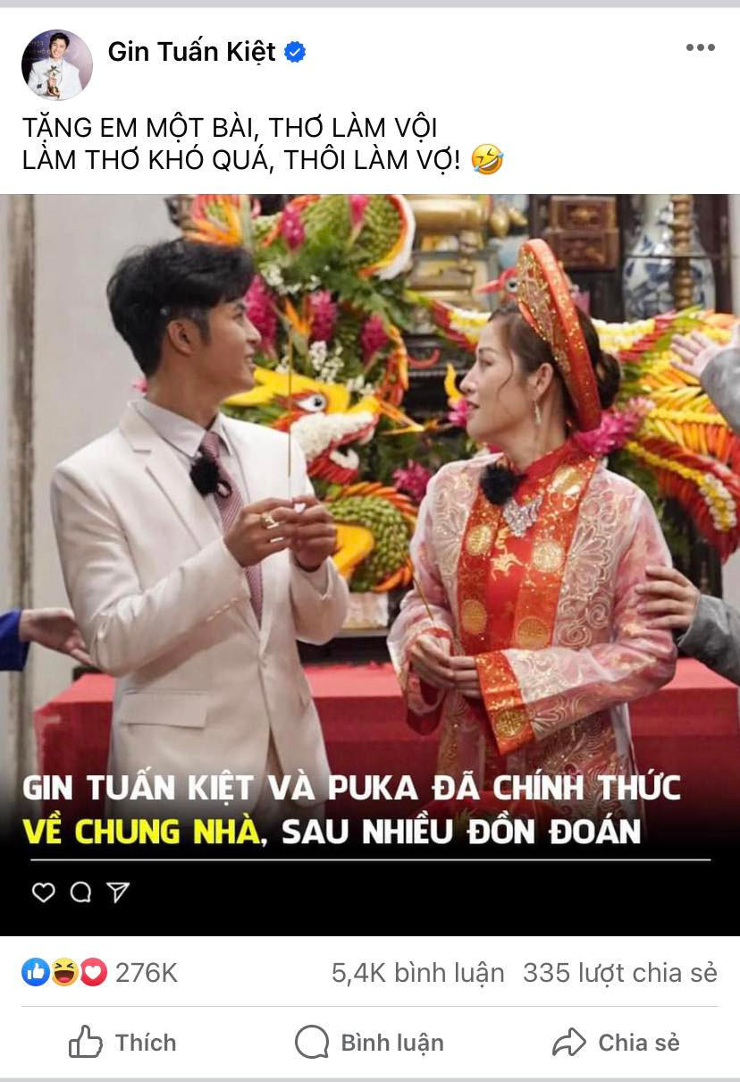 Sau khi chương trình kết thúc, Gin Tuấn Kiệt còn chia sẻ loạt ảnh trong đám cưới cùng với dòng trạng thái đầy ẩn ý.