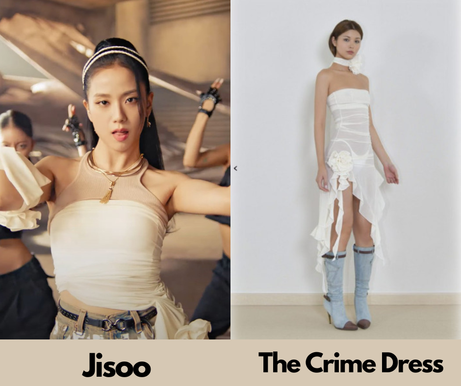 Chị cả Jisoo mặc mẫu váy The Crime, có giá khoảng 5.452.000 - 6.016.000 đồng. Mẫu váy đã được khéo léo chỉnh sửa để giảm bớt độ hớ hênh khi trình diễn.