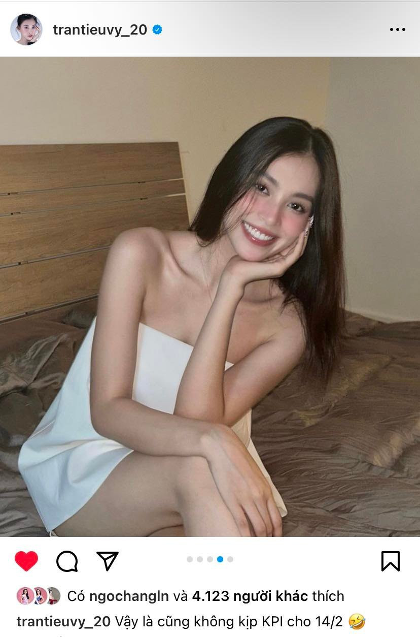 Hoa hậu Tiểu Vy chia sẻ sự bất lực trên trang cá nhân: &quot;Vậy là cũng không kịp KPI cho 14/2&quot;.
